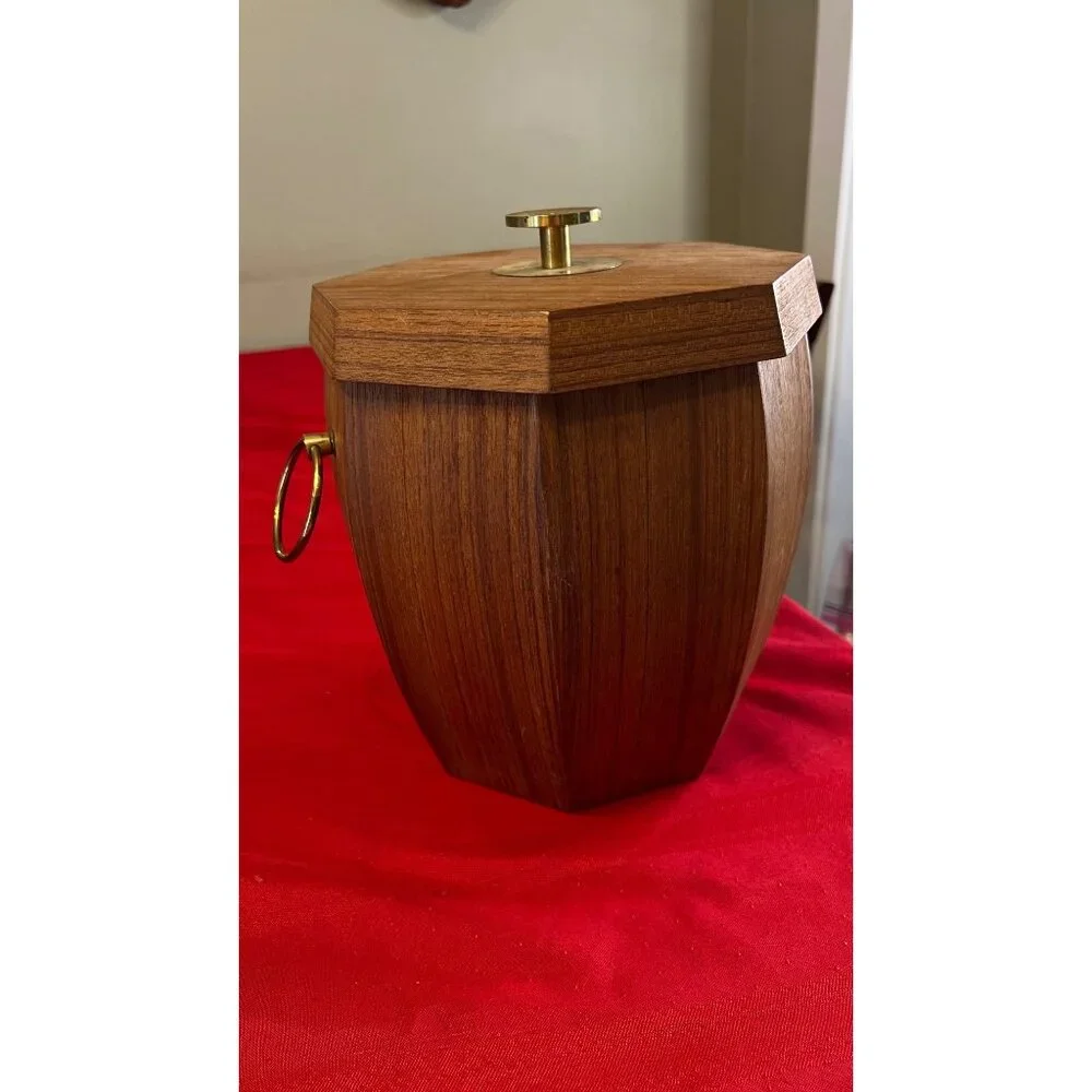 Vintage Japanese Mid-Century Modern Teak Ice Bucket Brass Handle Tongs Octagonal